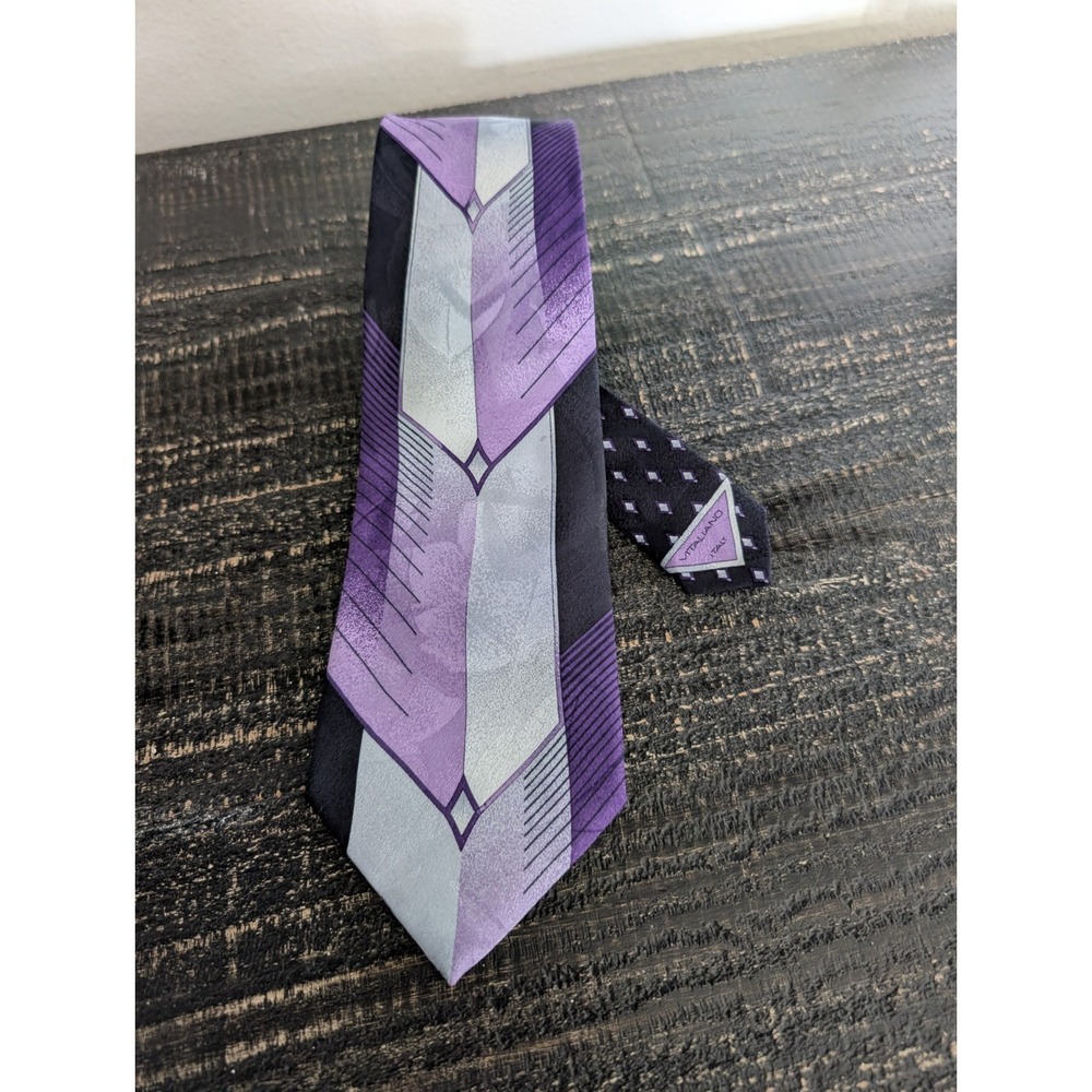 Vintage Vitaliano Pancaldi 100% Silk Tie Italy Black Purple Geometric Designer
